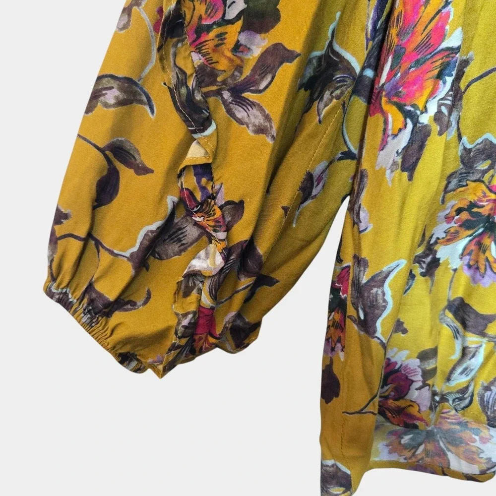 Johnny Was Ruffle Detail Floral Peasant Blouse Boho‎ Cottagecore Yellow XS